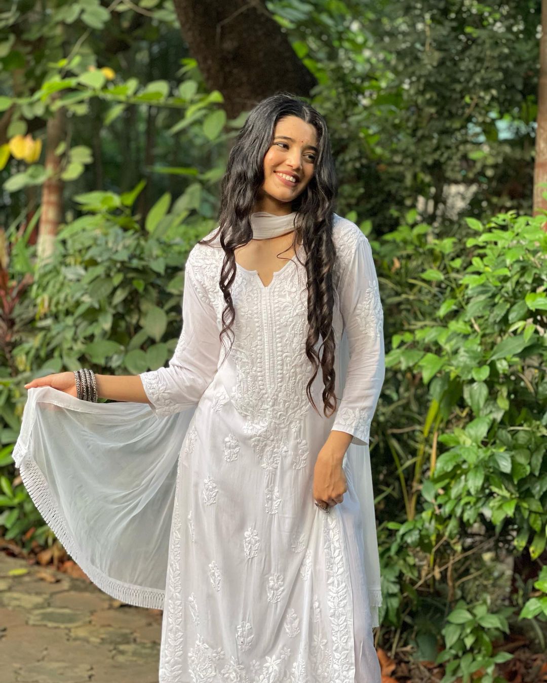 cotton chikankari dress for women White Modal Cotton Chikankari 3pc Set Chikankari fabric
