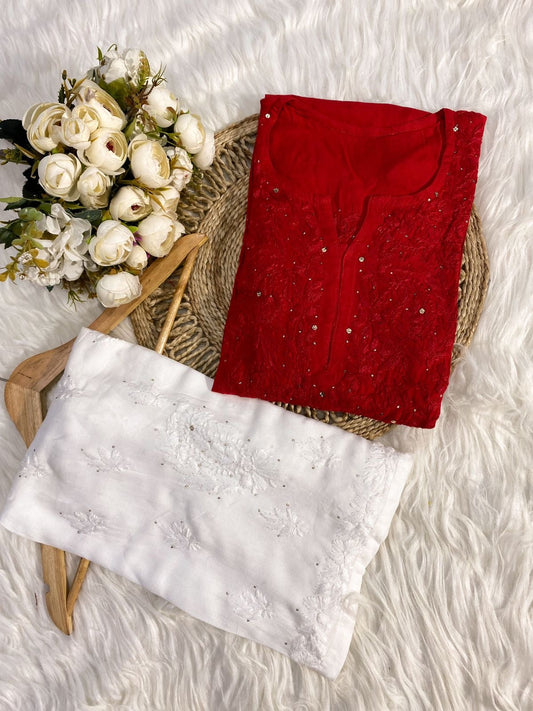 Handcrafted Rayon Muqaish Dyed Chikankari Kurti