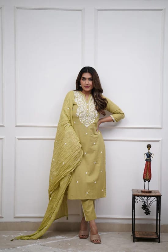 Embroidered Panel Worked Straight Cotton Kurta Set