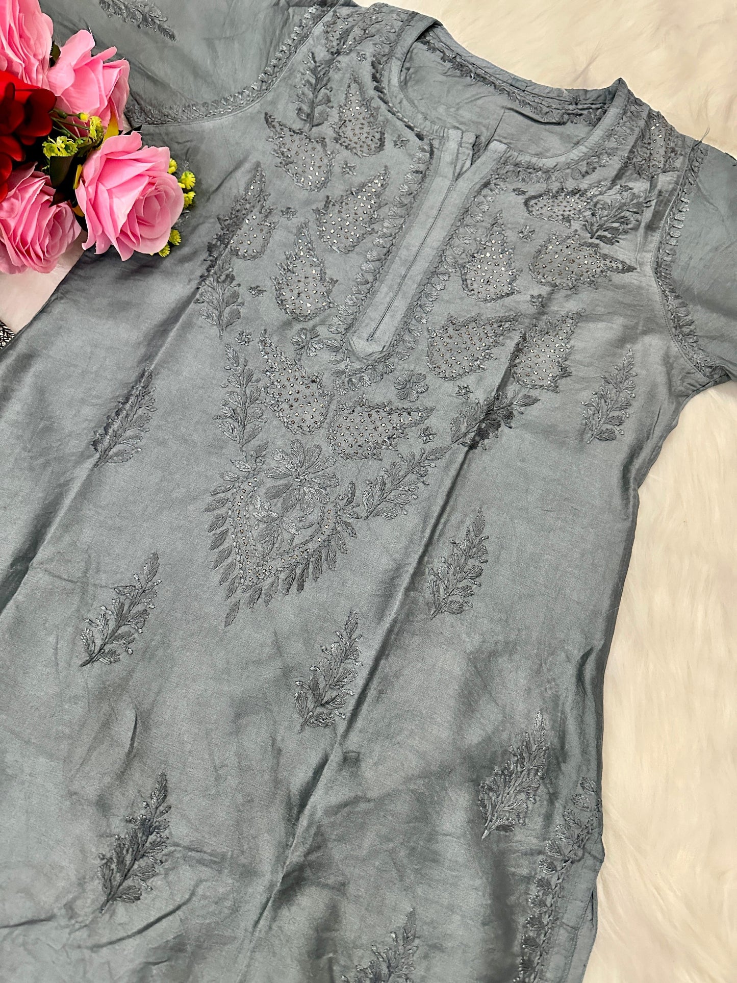 Lucknowi Chikankari Handwork Chanderi kurti