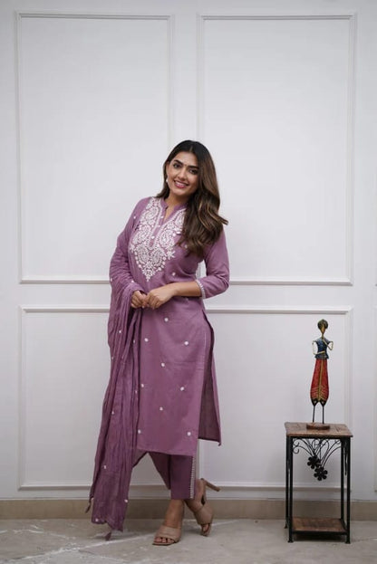 Embroidered Panel Worked Straight Cotton Kurta Set