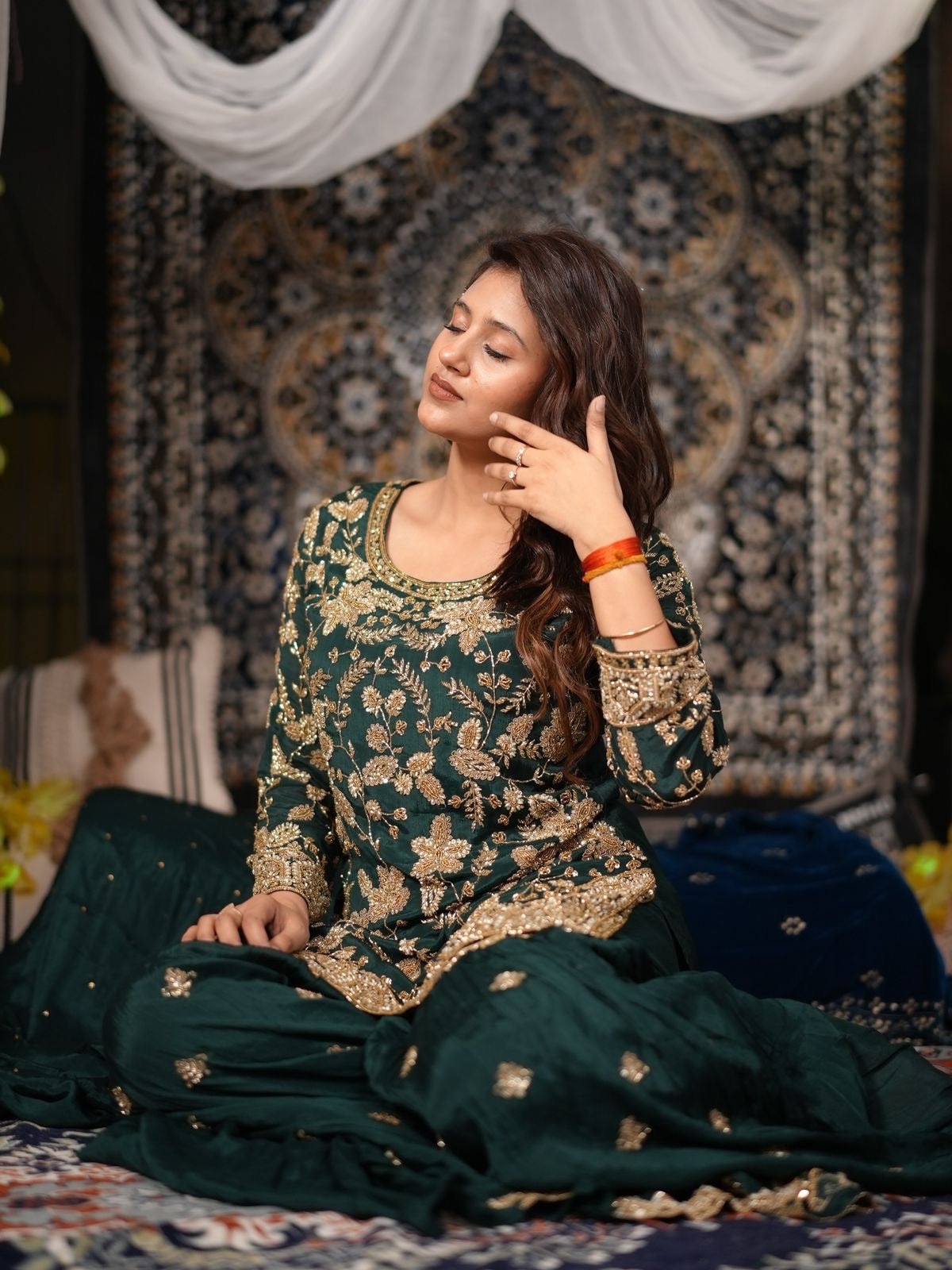 Bottle Green Embroidered Palazzo Set