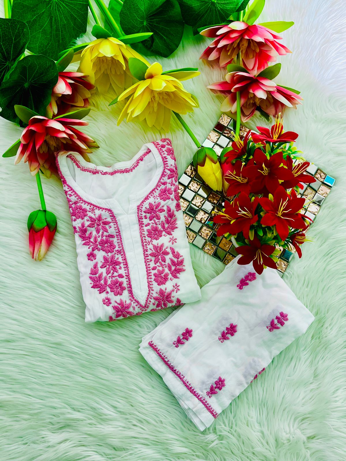 Ryon white Base with colour thread embroidered chikan kari plazo sets