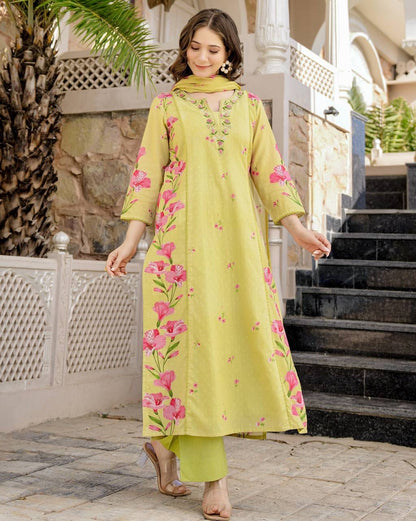 Premium Chanderi Silk Butti Fully Stitched Kurta And Pant & Dupatta Set