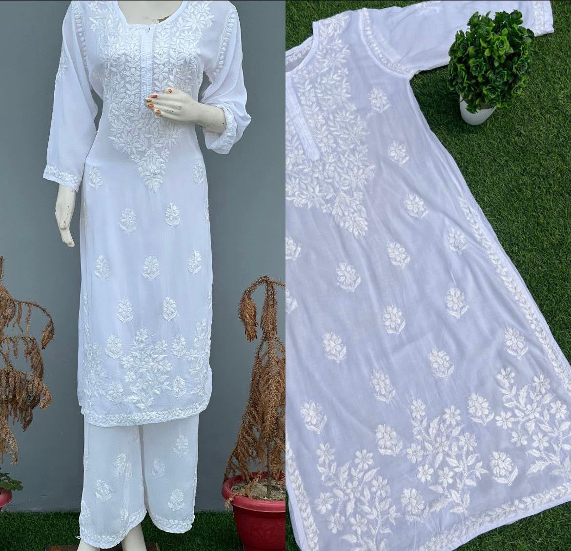 White chikankari Modal set