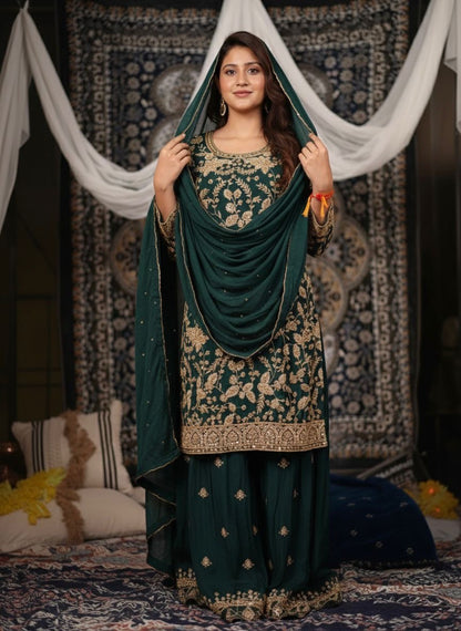 Bottle Green Embroidered Palazzo Set