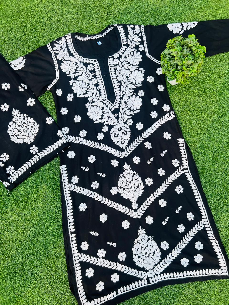 Black Rayon Plazo Set With white thread Work