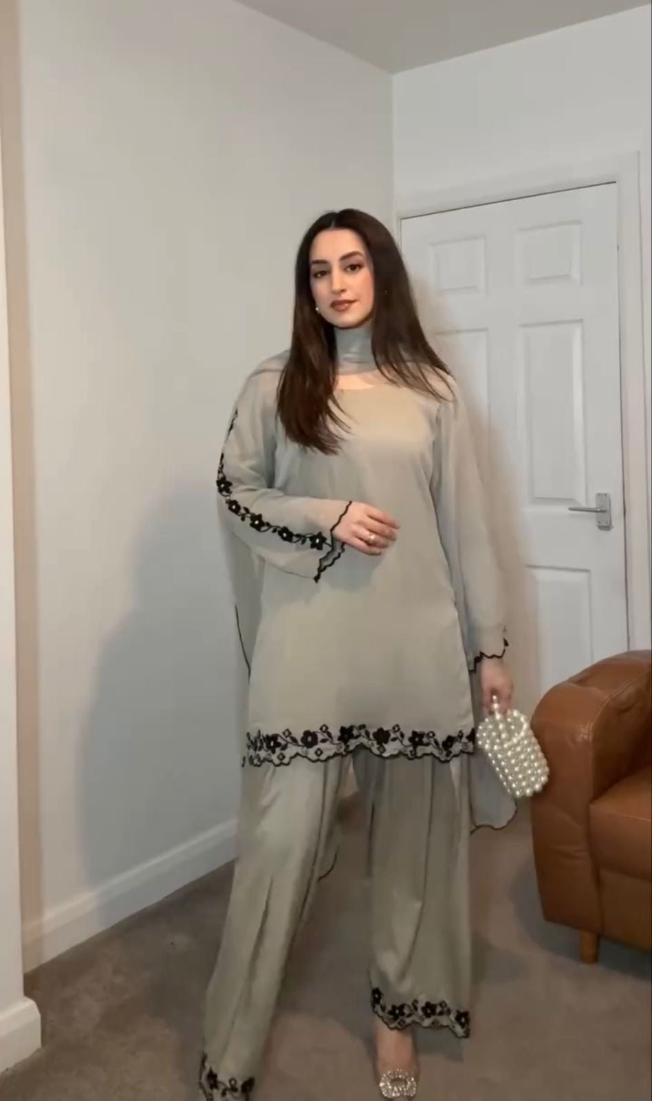 Ash Grey Floral Embroidery Co-ord Set