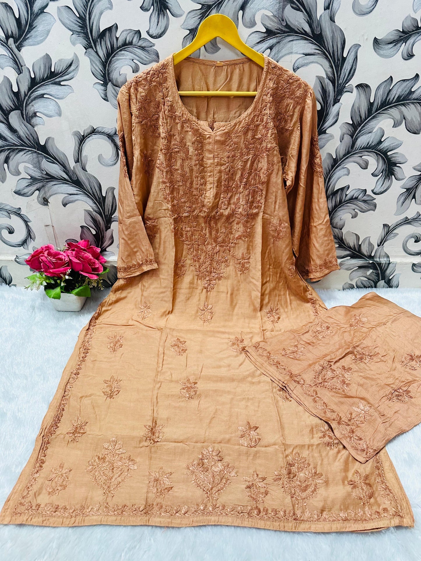 Zara Dyeable Kurta plazzo Set with Fine embroidery
