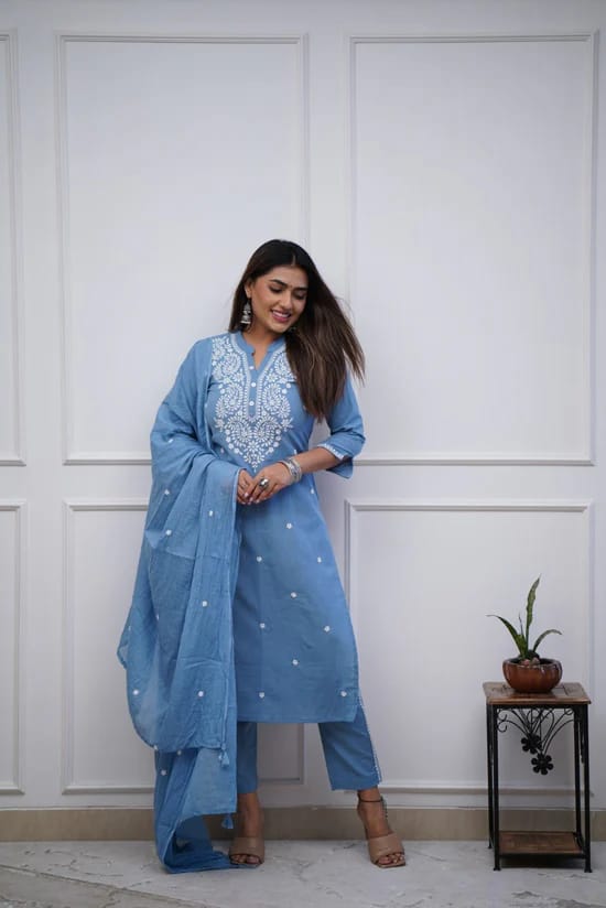 Embroidered Panel Worked Straight Cotton Kurta Set