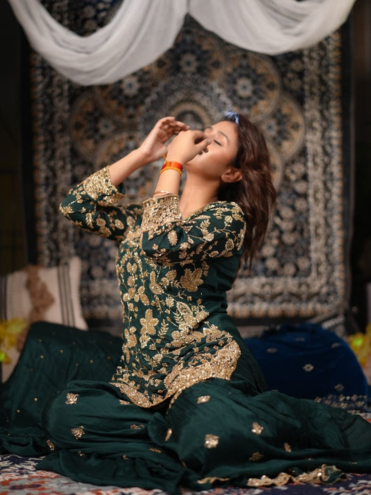 Bottle Green Embroidered Palazzo Set