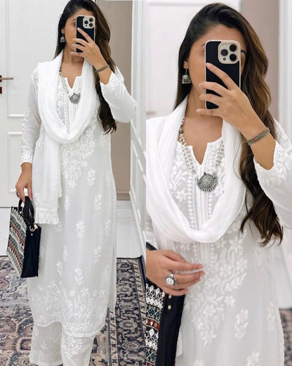 White Modal Cotton Chikankari 3pc Set