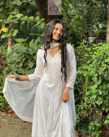 Premium Festive White Soft 3pc Set (Kurti + Palazzo + Dupatta)