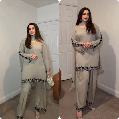 Ash Grey Floral Embroidery Co-ord Set