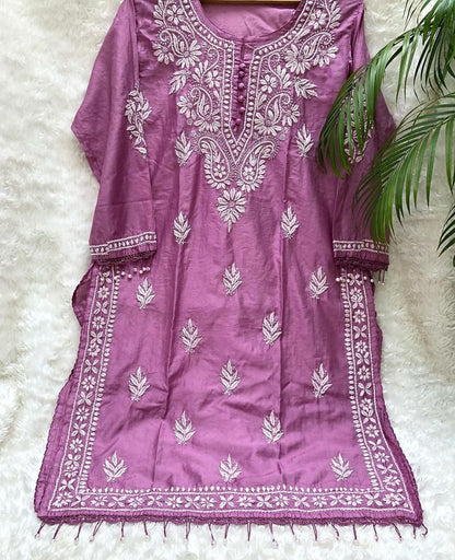 HAND CRAFTED RESHAM KURASHIYA ON BUTTON KURTI