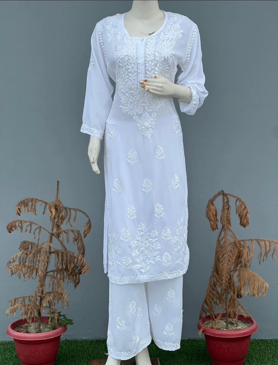 White chikankari Modal set