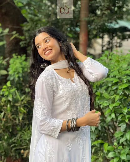 Premium Festive White Soft 3pc Set (Kurti + Palazzo + Dupatta)