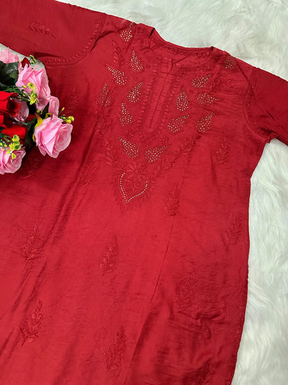 Lucknowi Chikankari Handwork Chanderi kurti