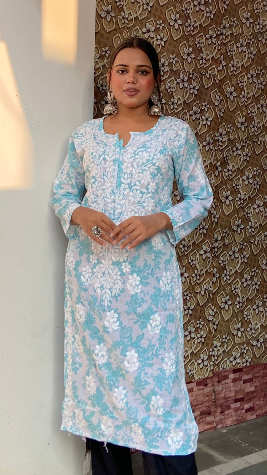 Floral Printed Mul Mul work Kurti