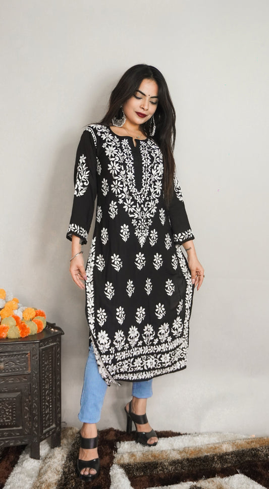 The Premium Celebs Fav Black chikankari Modal Kurta with White embroidery ( Naveli Khatri Speical )