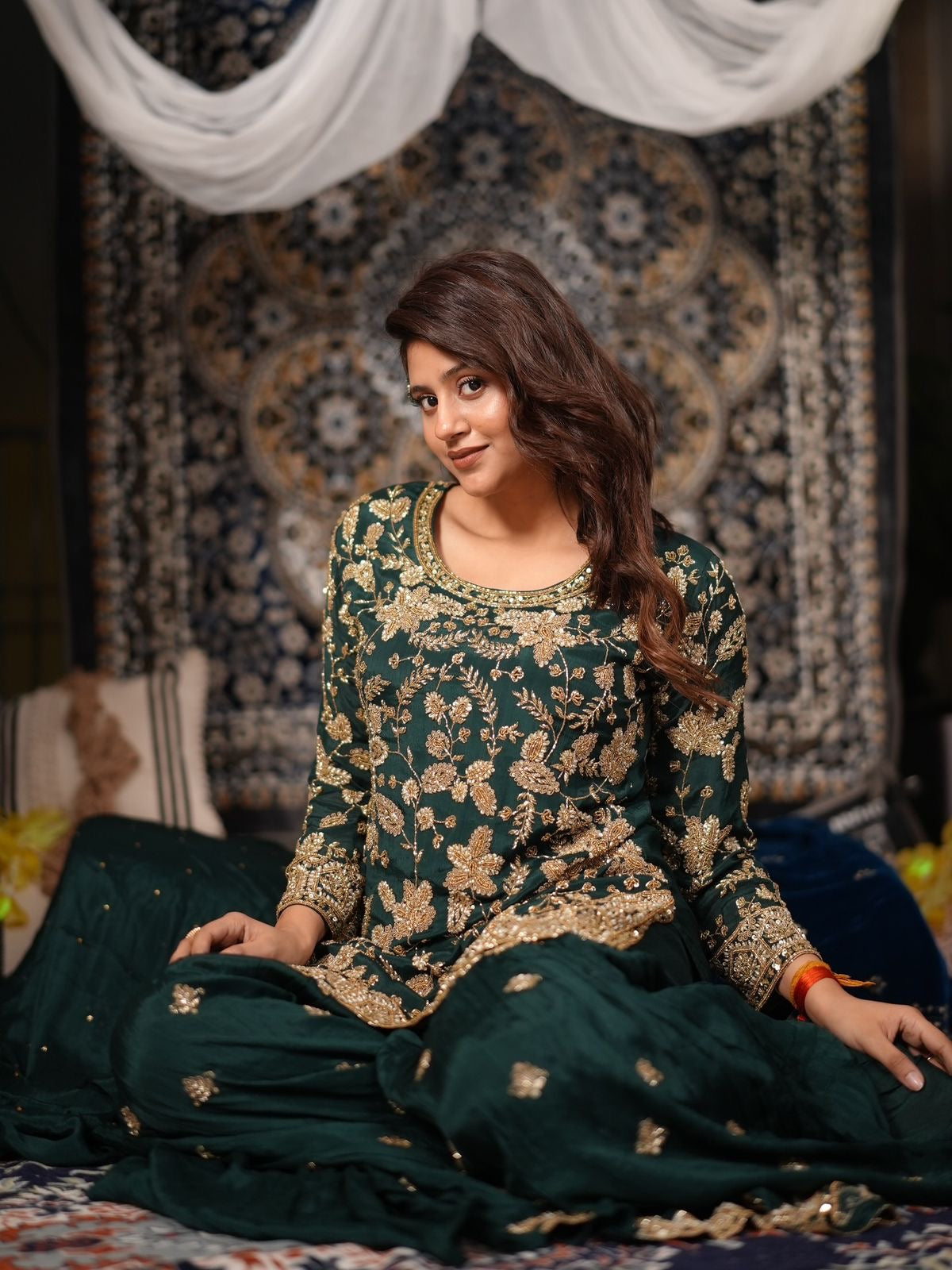 Bottle Green Embroidered Palazzo Set