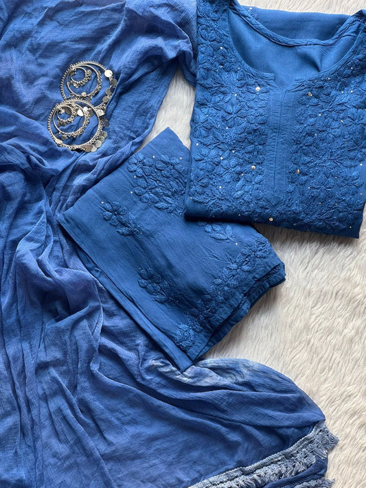 Noor 3pc Set Golden Muqaish Work Chikankari Hand worked