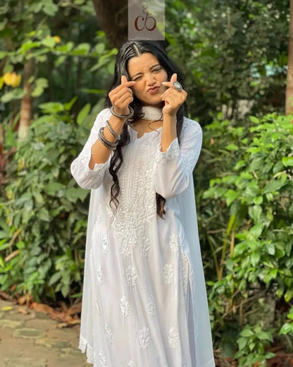 Premium Festive White Soft 3pc Set (Kurti + Palazzo + Dupatta)